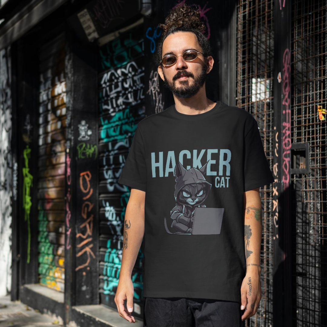 [1019]: Unisex Round Neck Printed T-shirt Black(Regular Fit)