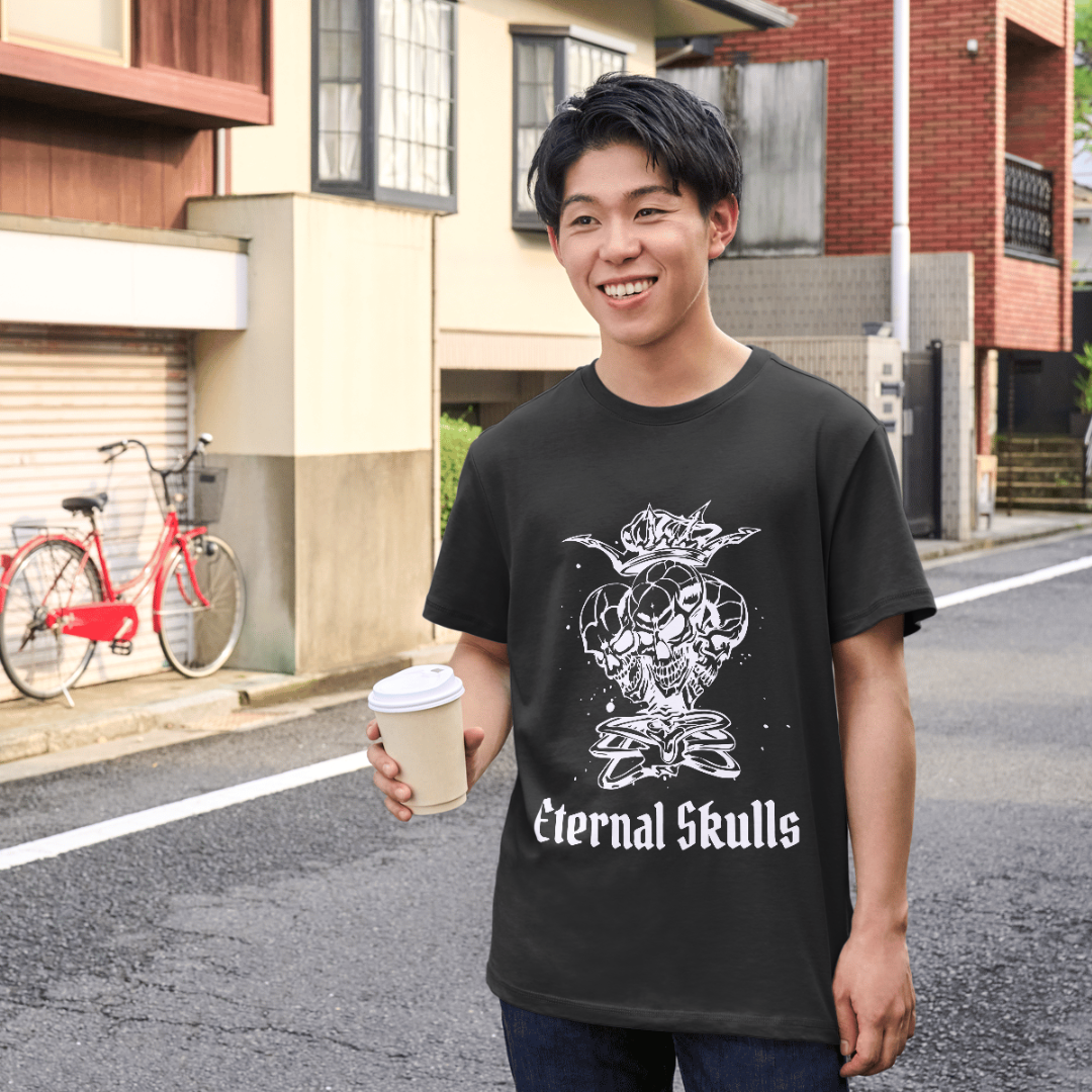 [1017]: Unisex Round Neck Printed T-shirt Black(Regular Fit)